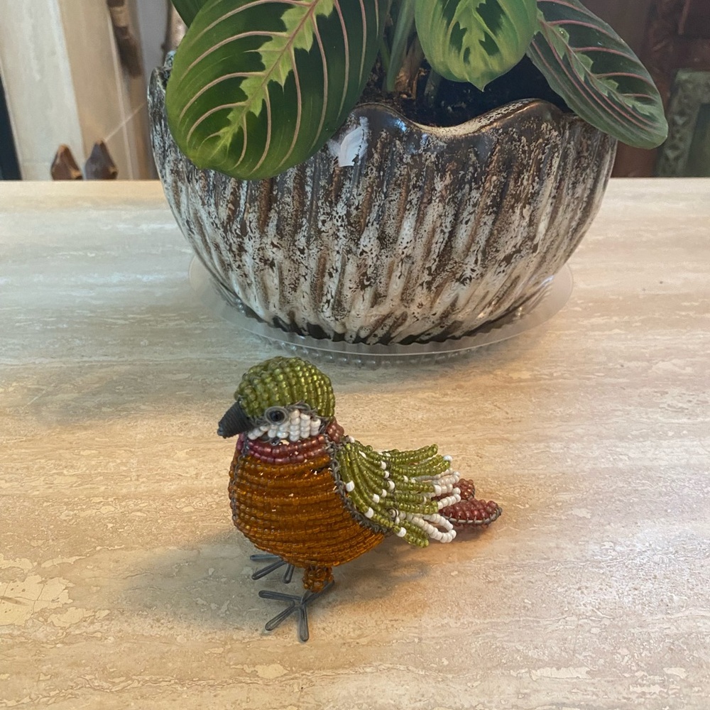Handcrafted Beaded Bird Figurine - Green, Orange, Brown very realistic